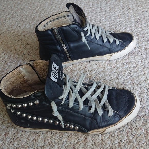 Golden Goose Slide Mid-Top Leather Stud Sneakers in Black size 38 - Picture 2 of 16